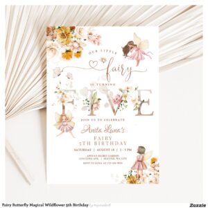 Fairy Butterfly Magical Wildflower 5th Birthday Invitation