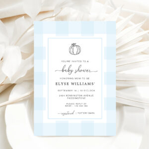 Fall Pumpkin Blue Gingham Baby Shower Invitation