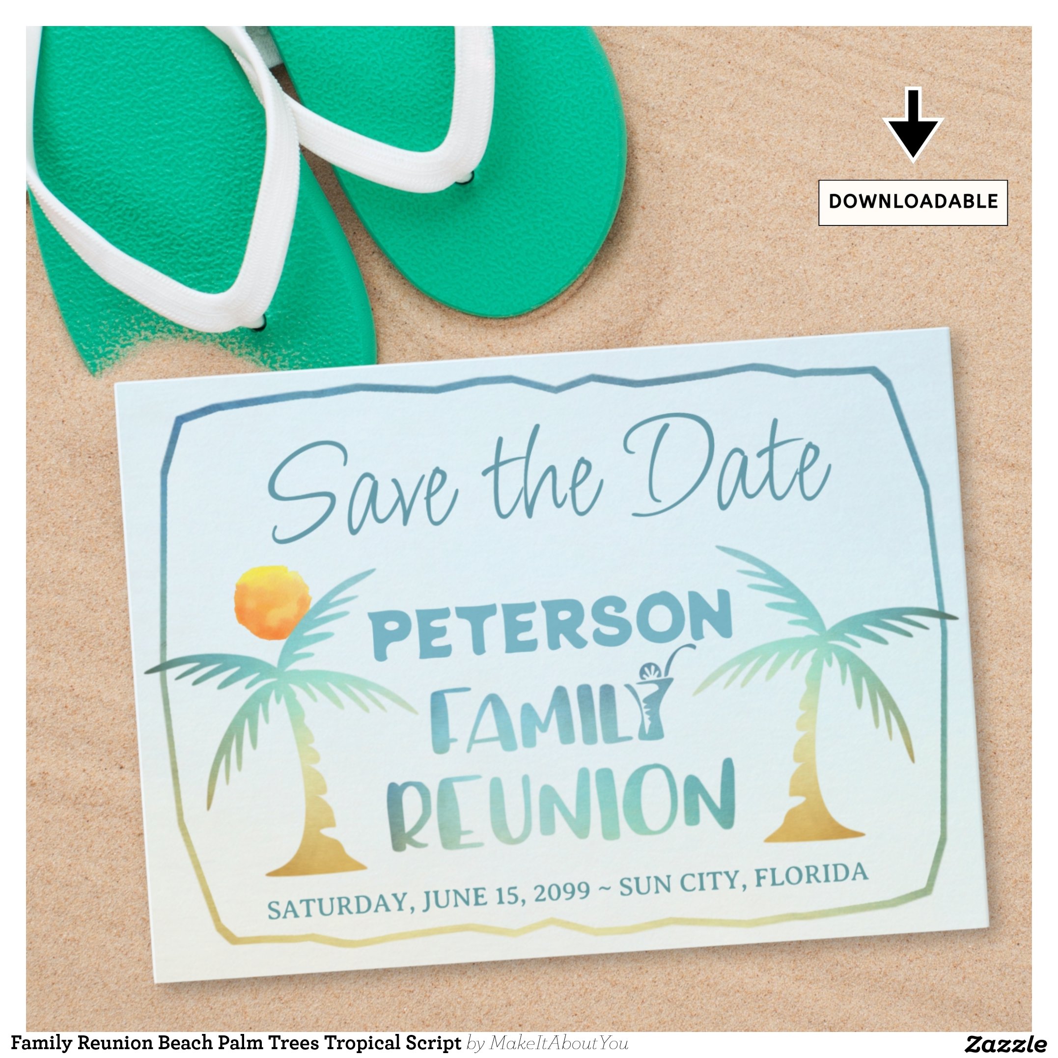 Family Reunion Beach Palm Trees Tropical Script Save The Date