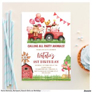 Farm Animals, Barnyard, Ranch Girls 1st Birthday Invitation