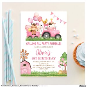 Farm Animals, Barnyard, Ranch Girls 1st Birthday Invitation