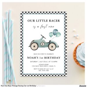 Fast One Boys Vintage Racing Car 1st Birthday Invitation