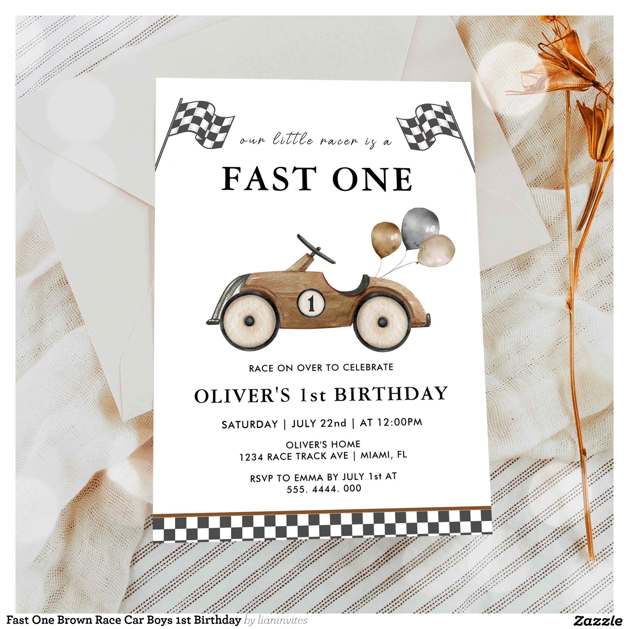 Fast One Brown Race Car Boys 1st Birthday Invitation