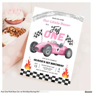 Fast One Pink Race Car 1st Birthday Racing Girl Invitation