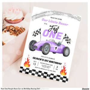 Fast One Purple Race Car 1st Birthday Racing Girl Invitation