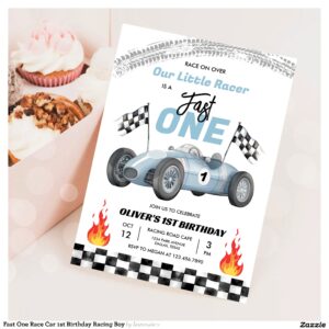 Fast One Race Car 1st Birthday Racing Boy Invitation