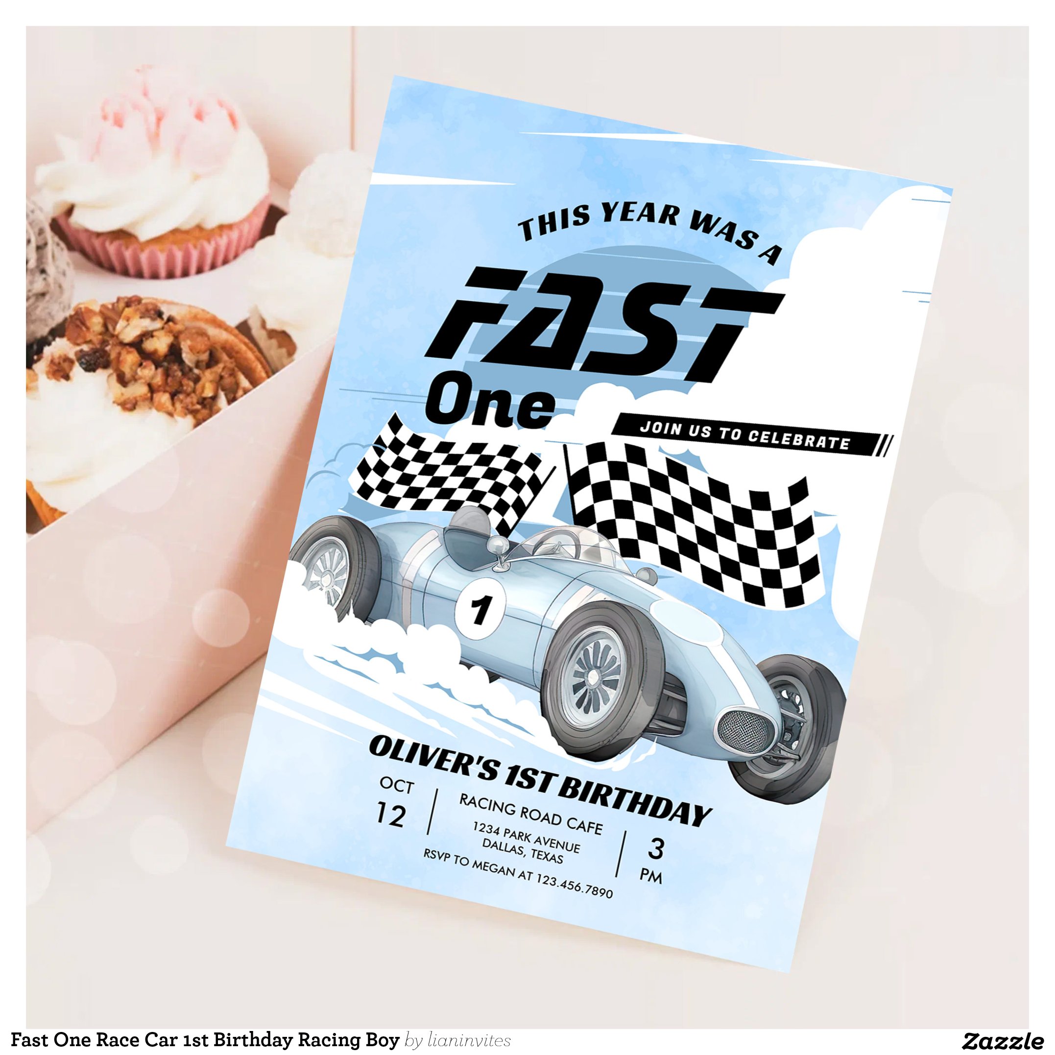 Fast One Race Car 1st Birthday Racing Boy Invitation