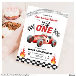 Fast One Race Car 1st Birthday Racing Boy Invitation