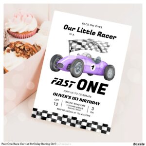 Fast One Race Car 1st Birthday Racing Girl Invitation