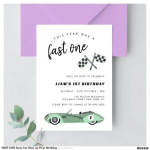 FAST ONE Race Car Blue 1st First Birthday Invitation