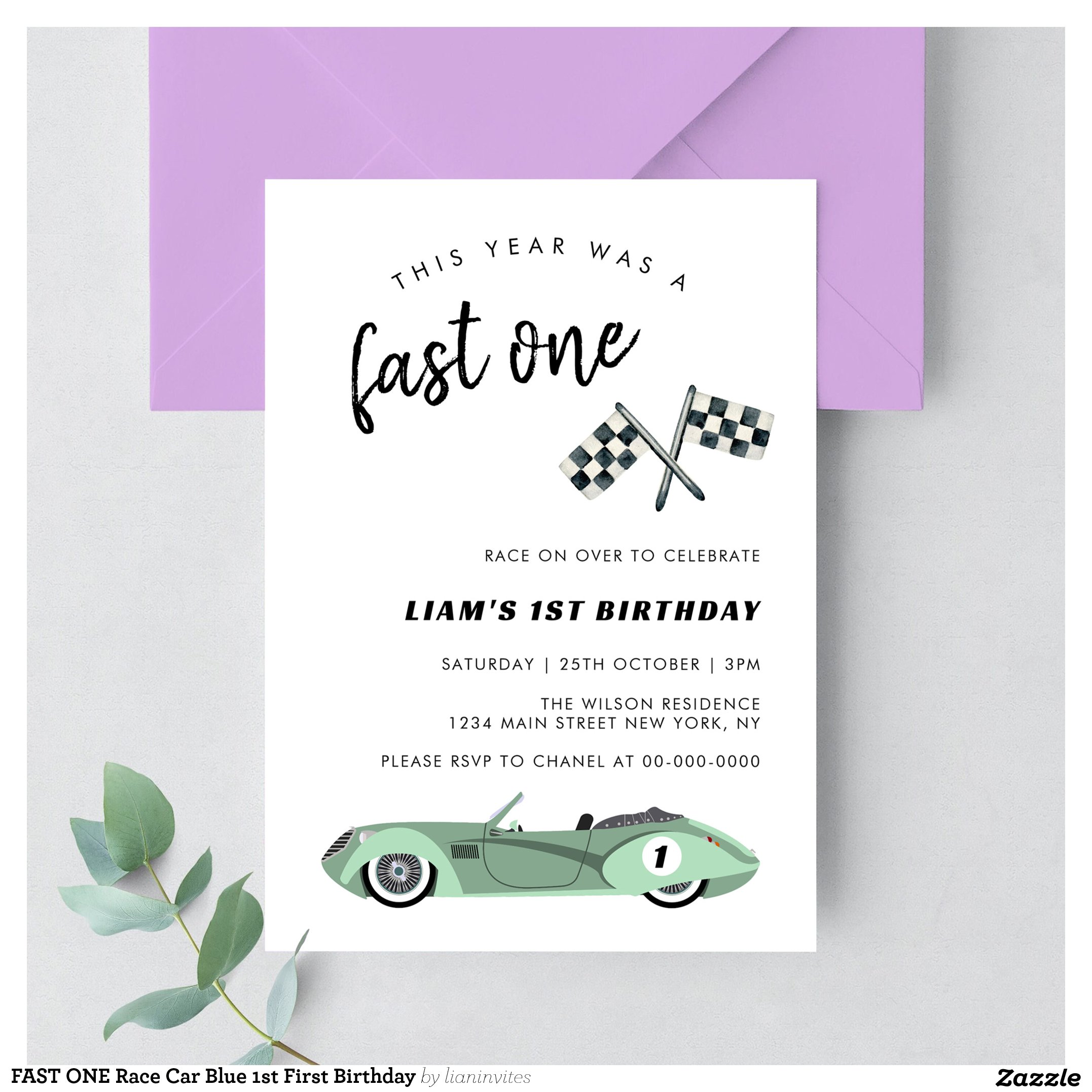 FAST ONE Race Car Blue 1st First Birthday Invitation