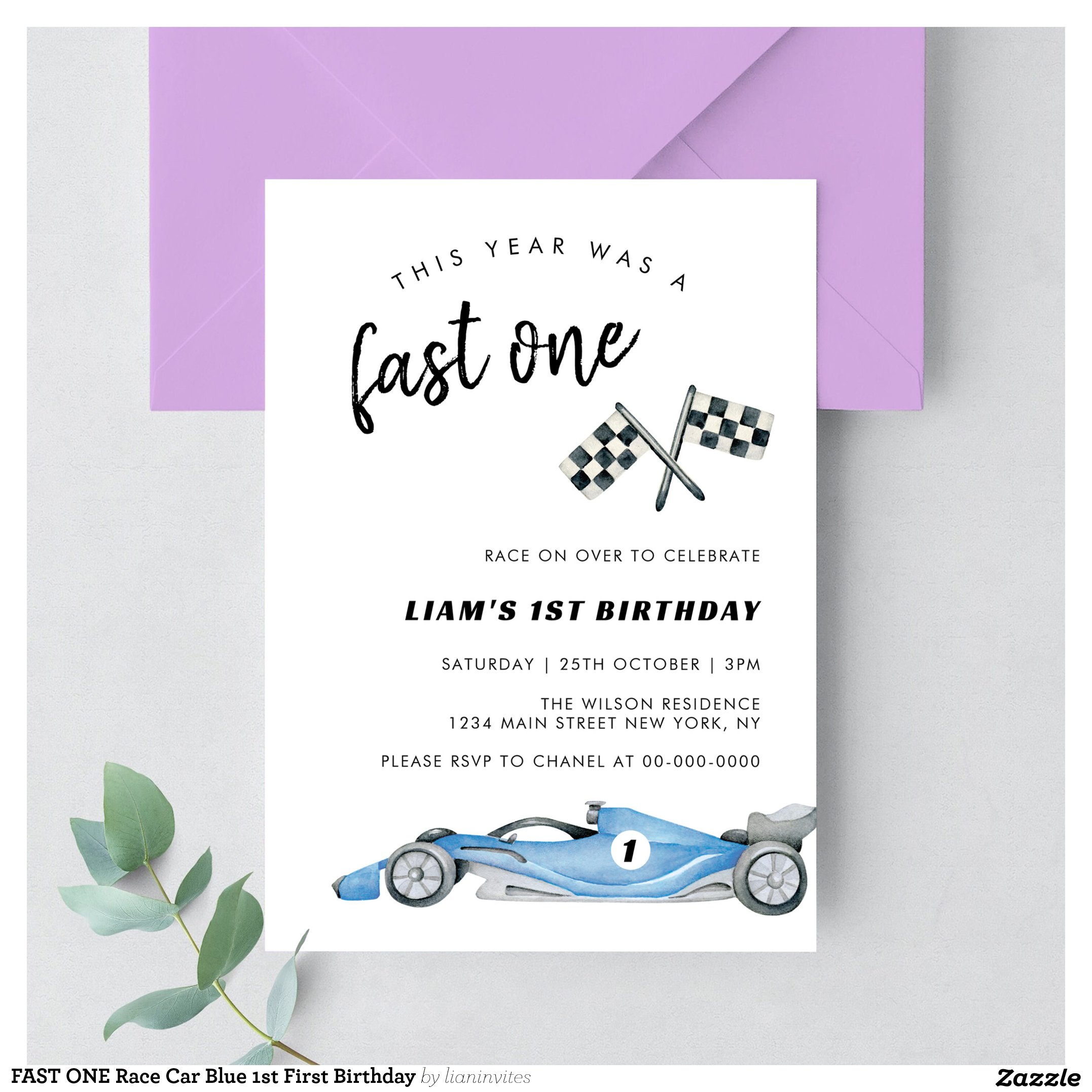 FAST ONE Race Car Blue 1st First Birthday Invitation
