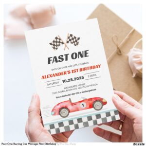 Fast One Racing Car Vintage First Birthday Invitation