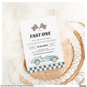 Fast One Racing Car Vintage First Birthday Invitation