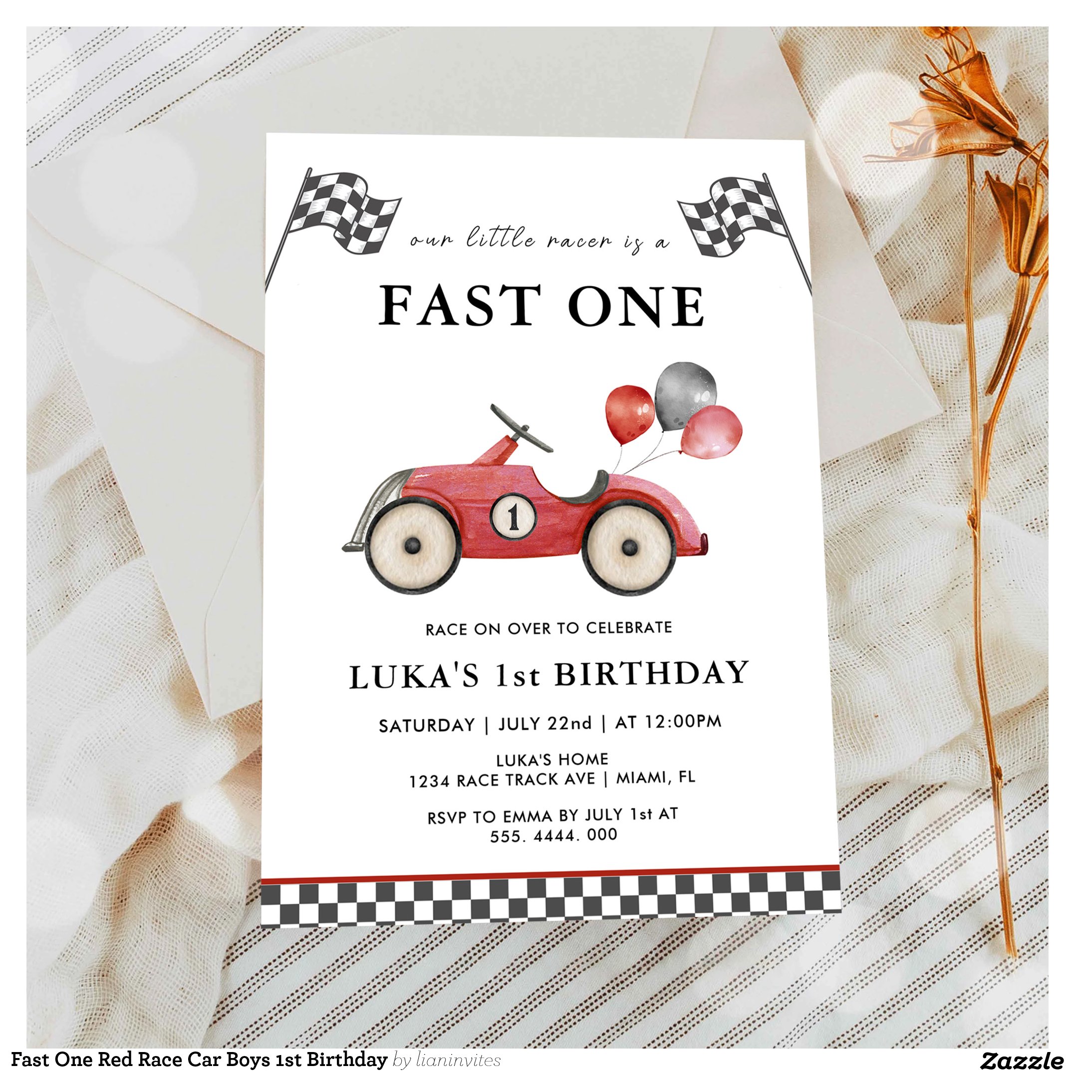 Fast One Red Race Car Boys 1st Birthday Invitation