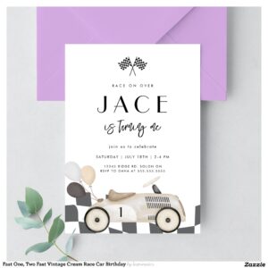 Fast One, Two Fast Vintage Cream Race Car Birthday Invitation