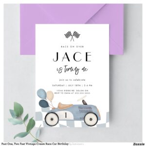 Fast One, Two Fast Vintage Cream Race Car Birthday Invitation