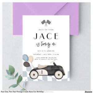 Fast One, Two Fast Vintage Cream Race Car Birthday Invitation