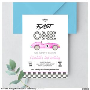 Fast ONE Vintage Pink Race Car 1st Birthday Invitation