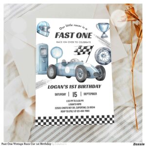 Fast One Vintage Race Car 1st Birthday Invitation