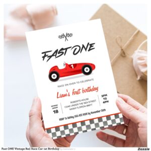 Fast ONE Vintage Red Race Car 1st Birthday Invitation