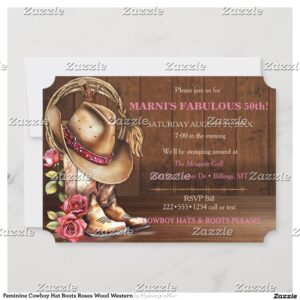 Feminine Cowboy Hat Boots Roses Wood Western Invitation