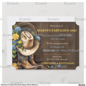 Feminine Cowboy Hat Boots Roses Wood Western Invitation