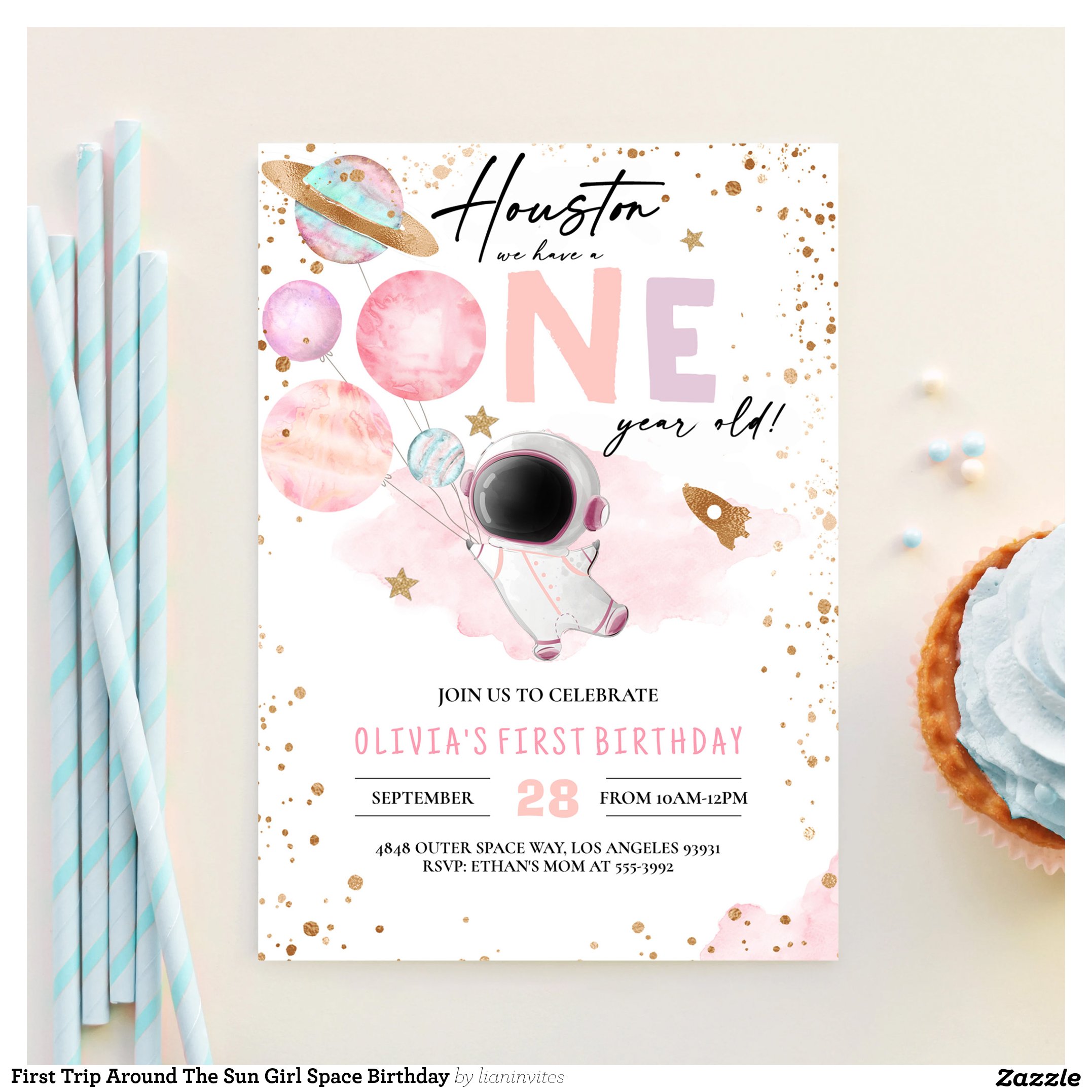 First Trip Around The Sun Girl Space Birthday Invitation