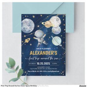 First Trip Around the Sun Outer Space Birthday Invitation