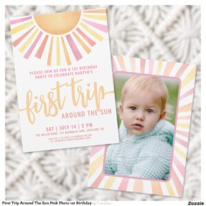 First Trip Around The Sun Pink Photo 1st Birthday Invitation