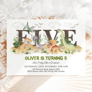 FIVE Boy Dinosaurs 5th Birthday Party Invitation