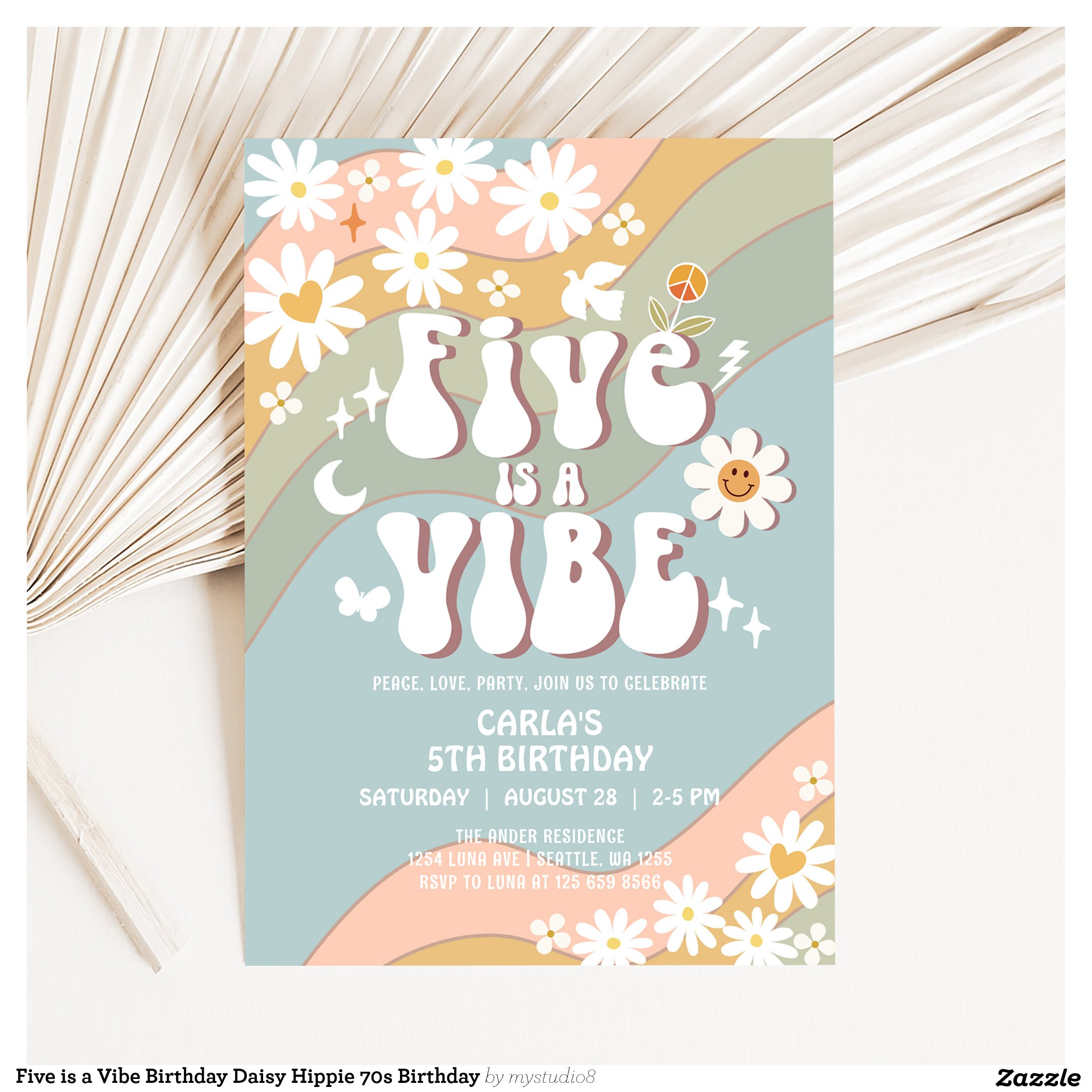 Five is a Vibe Birthday Daisy Hippie 70s Birthday Invitation