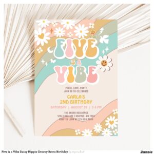 Five is a Vibe Daisy Hippie Groovy Retro Birthday Invitation