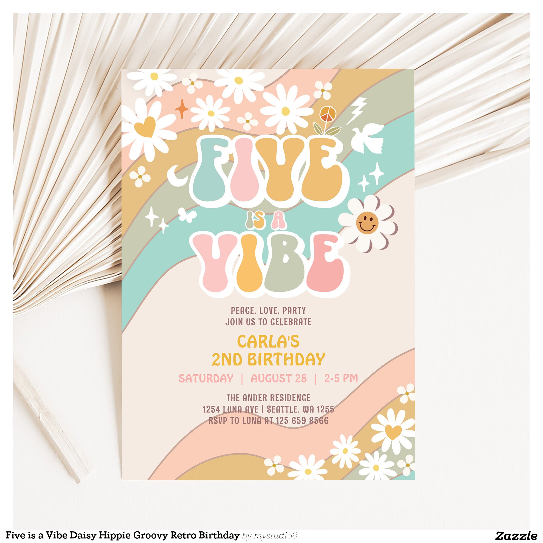 Five is a Vibe Daisy Hippie Groovy Retro Birthday Invitation