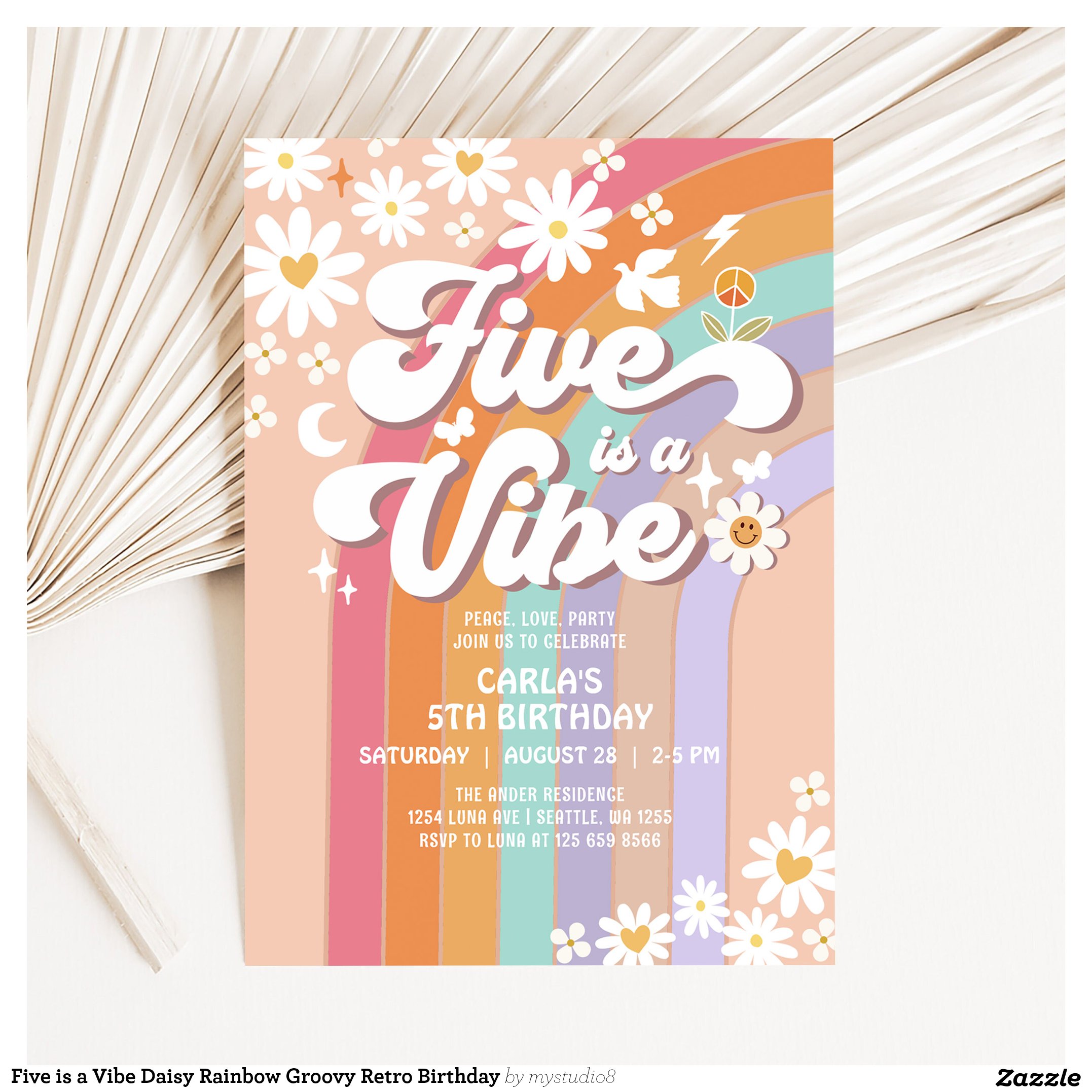 Five is a Vibe Daisy Rainbow Groovy Retro Birthday Invitation