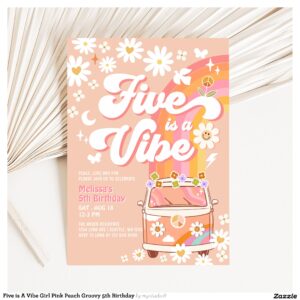 Five is A Vibe Girl Pink Peach Groovy 5th Birthday Invitation