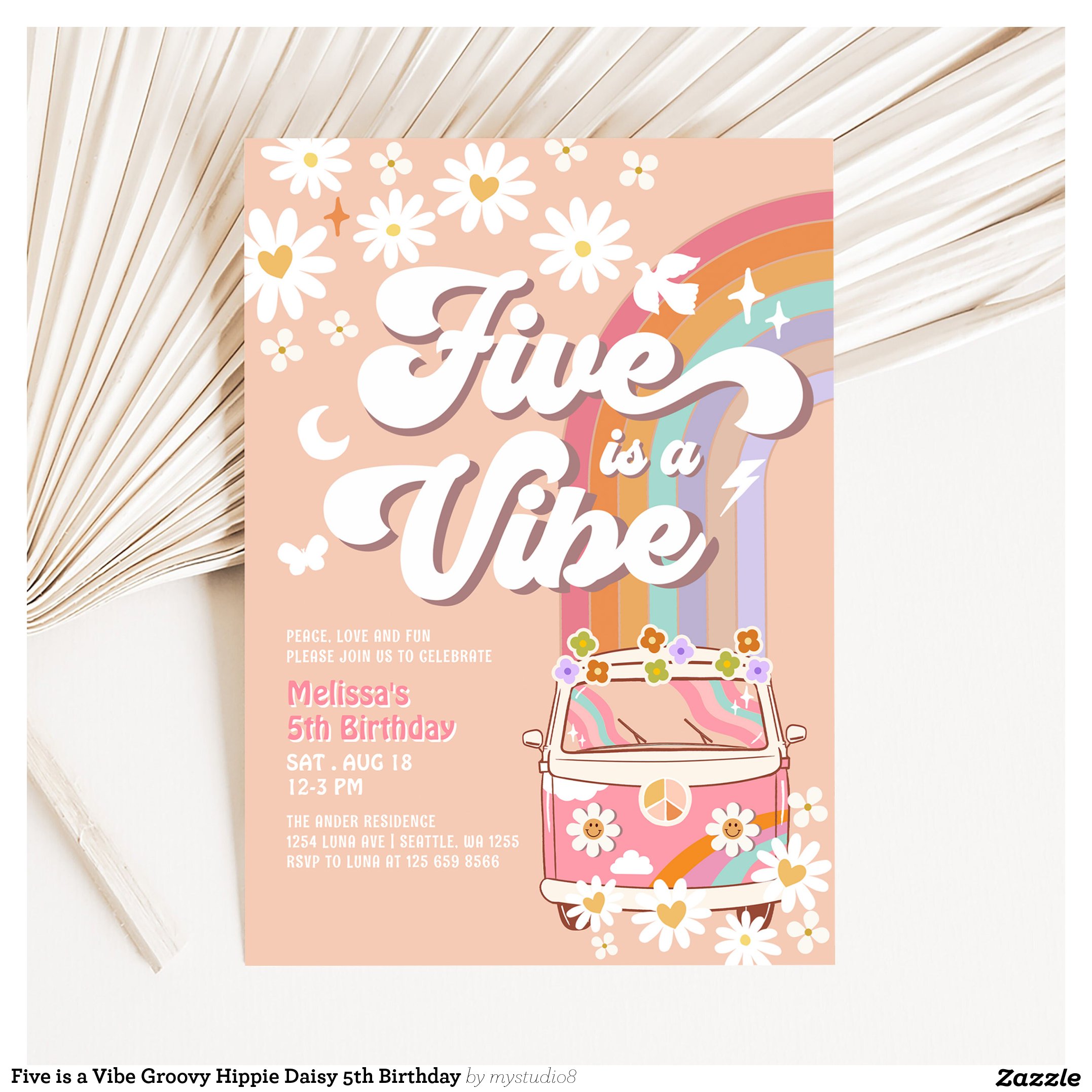 Five is a Vibe Groovy Hippie Daisy 5th Birthday Invitation