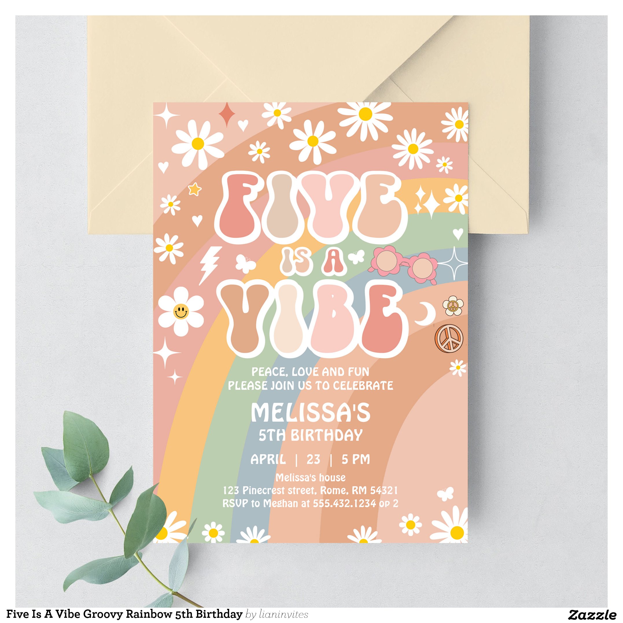 Five Is A Vibe Groovy Rainbow 5th Birthday Invitation