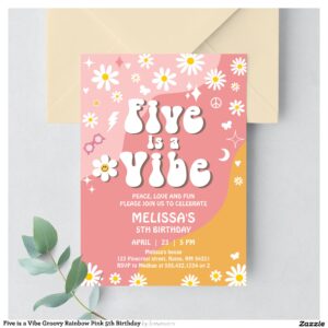 Five is a Vibe Groovy Rainbow Pink 5th Birthday Invitation