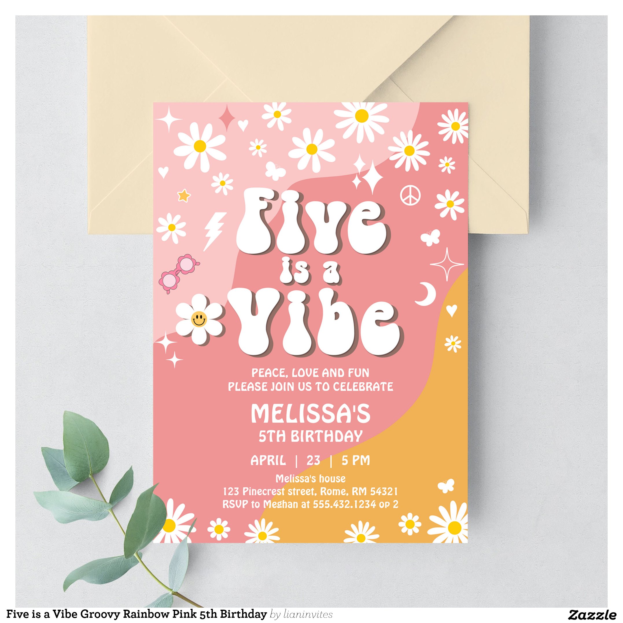Five is a Vibe Groovy Rainbow Pink 5th Birthday Invitation