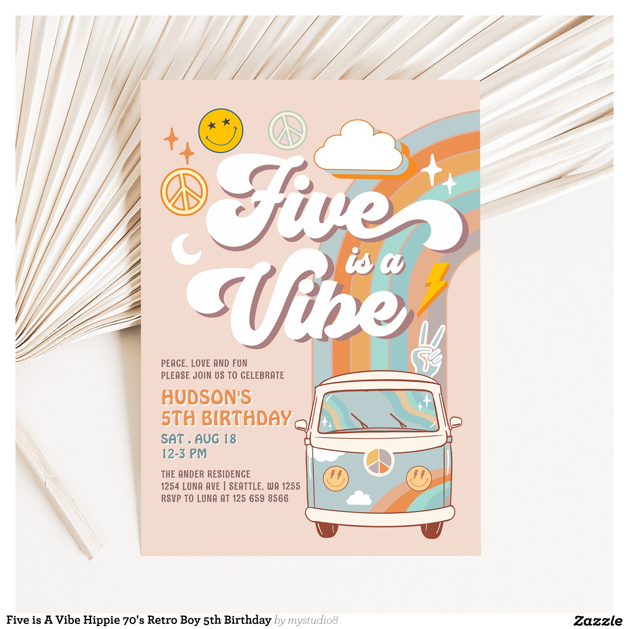 Five is A Vibe Hippie 70's Retro Boy 5th Birthday Invitation