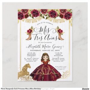 Floral Burgundy Gold Princess Mis 3 A?os Birthday Invitation Postcard