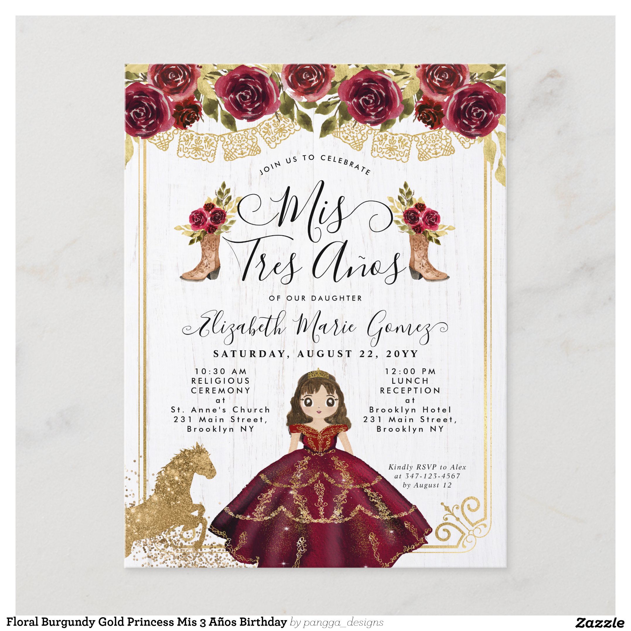 Floral Burgundy Gold Princess Mis 3 A?os Birthday Invitation Postcard