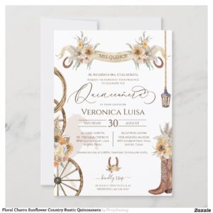 Floral Charro Sunflower Country Rustic Quinceanera Invitation
