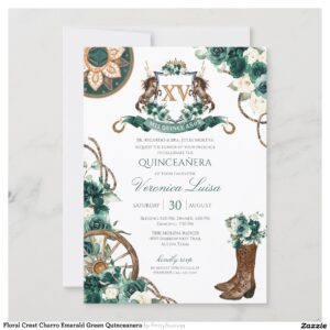 Floral Crest Charro Emerald Green Quinceanera Invitation