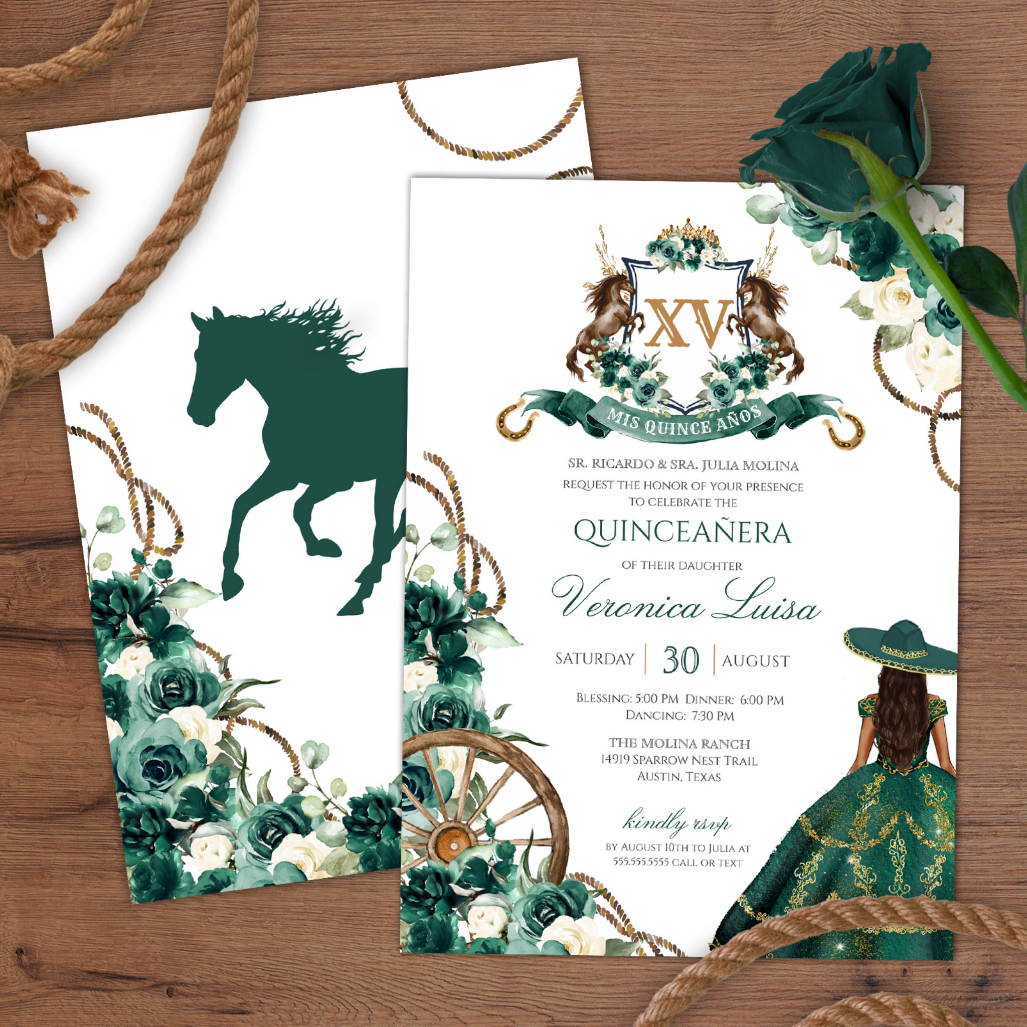 Floral Crest Emerald Green Charro Quinceanera Invi Invitation
