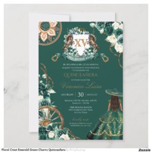 Floral Crest Emerald Green Charro Quincea?era Invitation