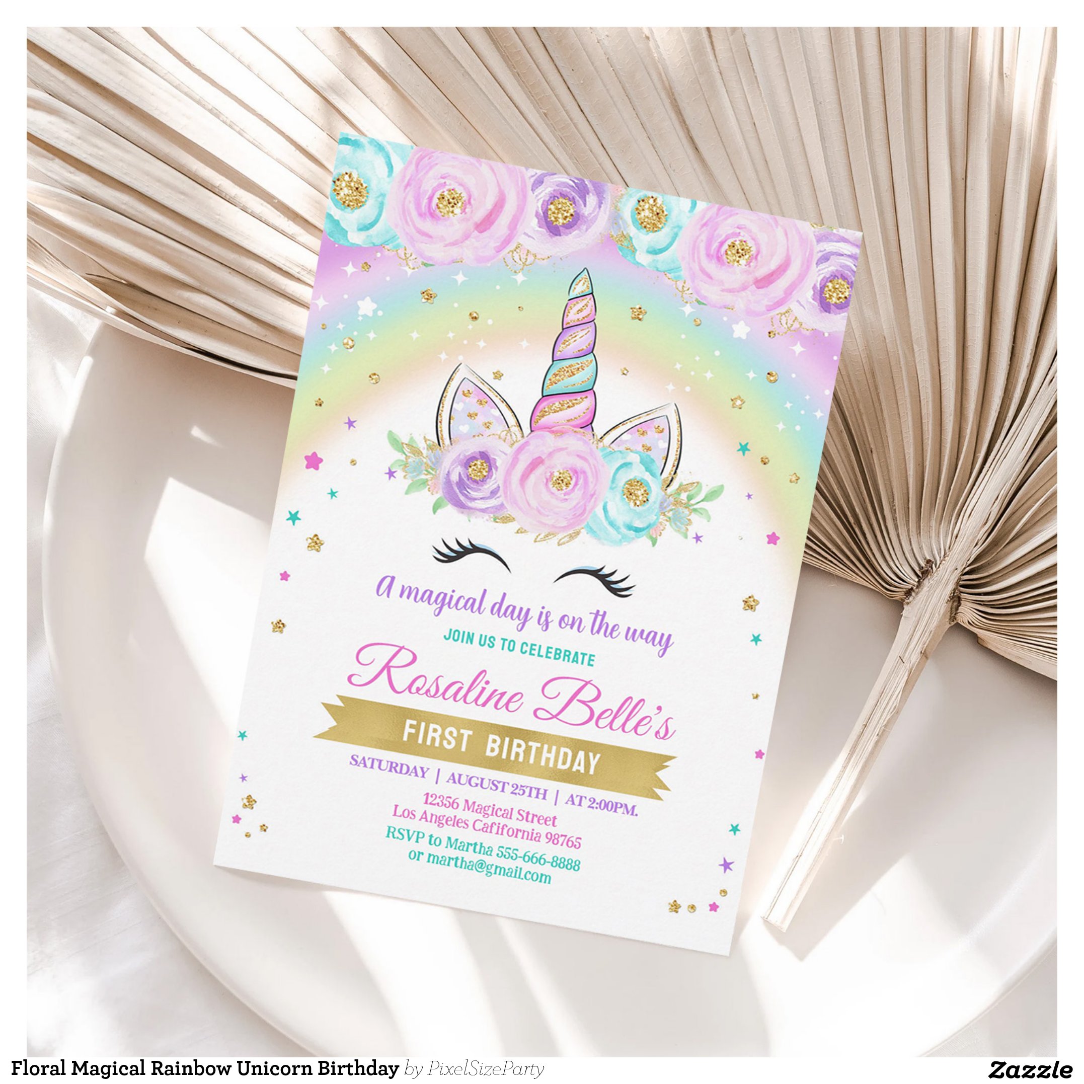 Floral Magical Rainbow Unicorn Birthday Invitation