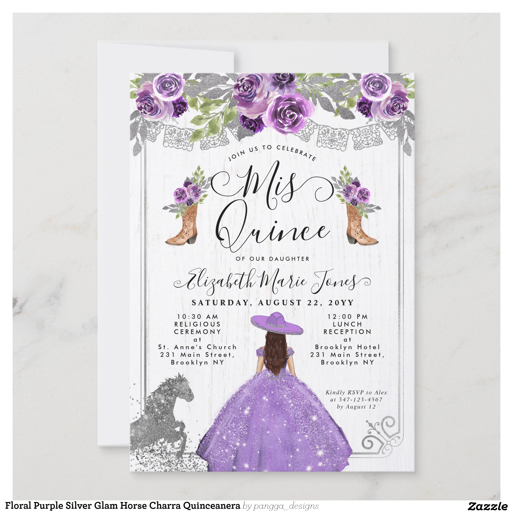 Floral Purple Silver Glam Horse Charra Quinceanera Invitation