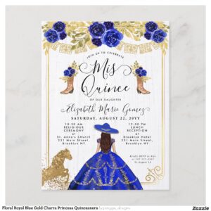 Floral Royal Blue Gold Charra Princess Quinceanera Invitation Postcard